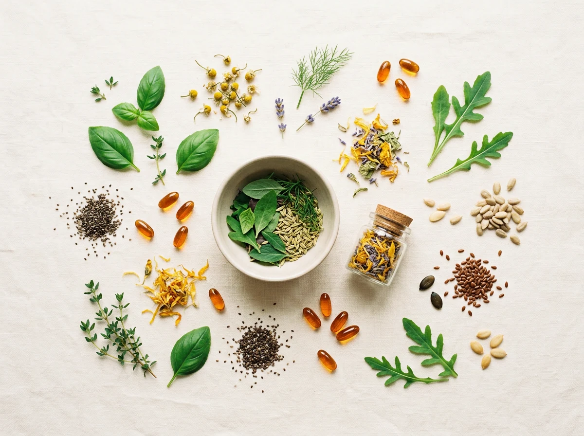 Naturliga botaniska ingredienser: gröna örtblad, bärnstensfärgade kapslar, frön och torkade blommor på ljus yta